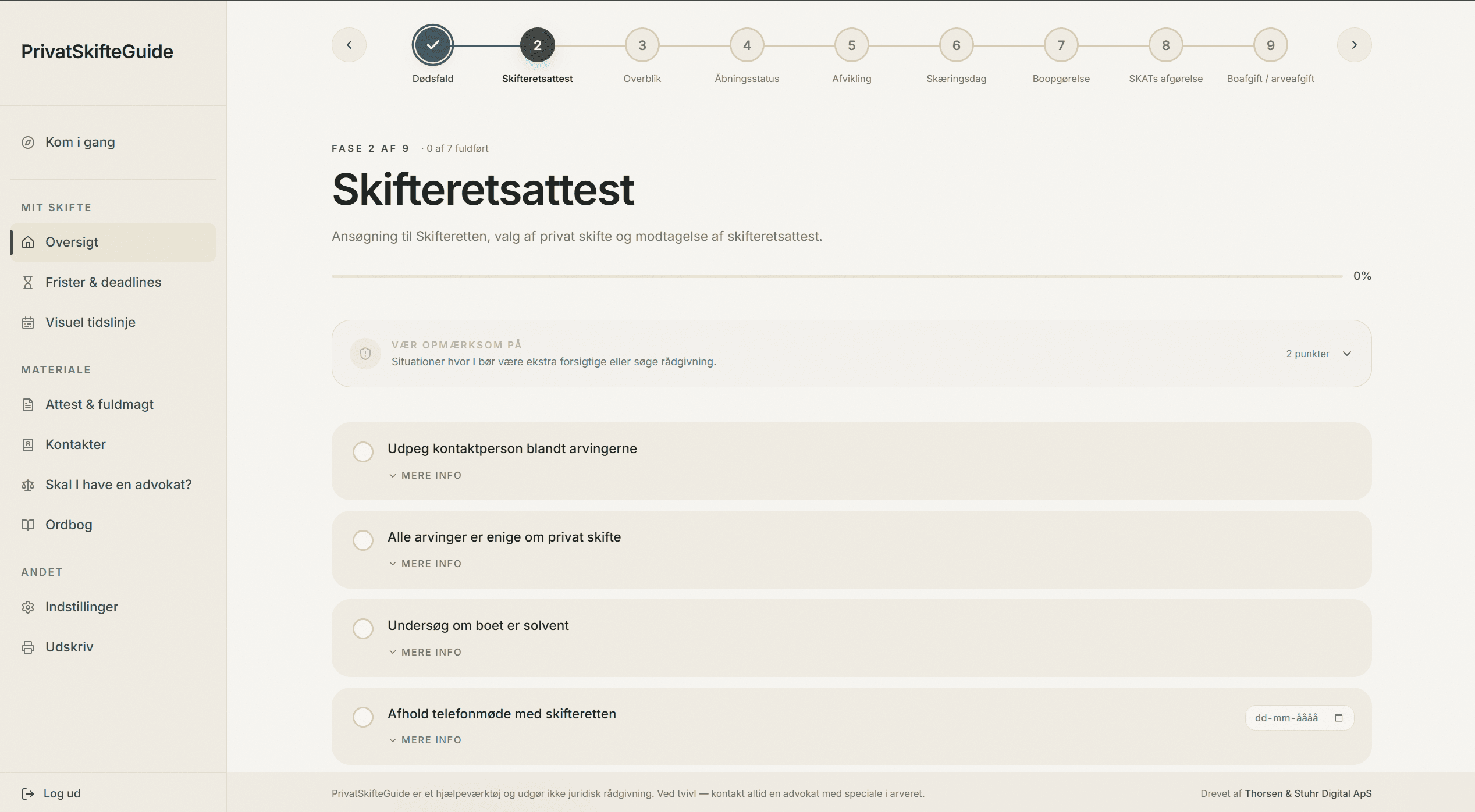 Skærmbillede af PrivatSkifteGuide: overblik over faser, frister og opgaver i et privat skifte